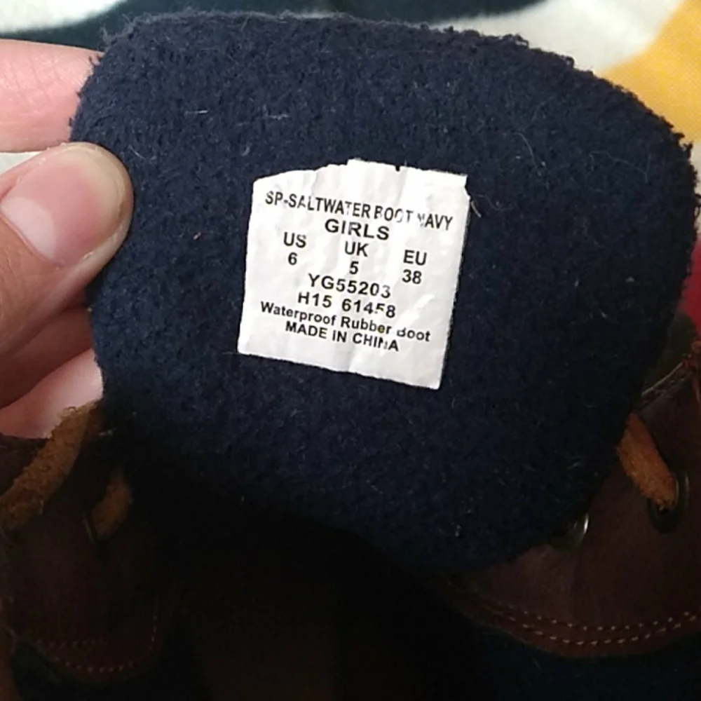 Sperry Kids Brown Leather and Navy Rubber Duck Boots with Tan Soles